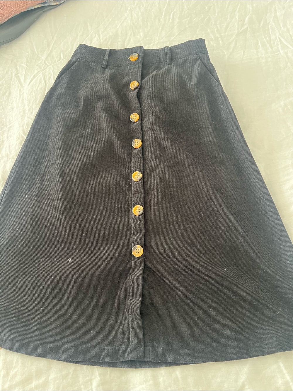 Alegria Black corduroy Midi Skirt with Wood-Tone Buttons